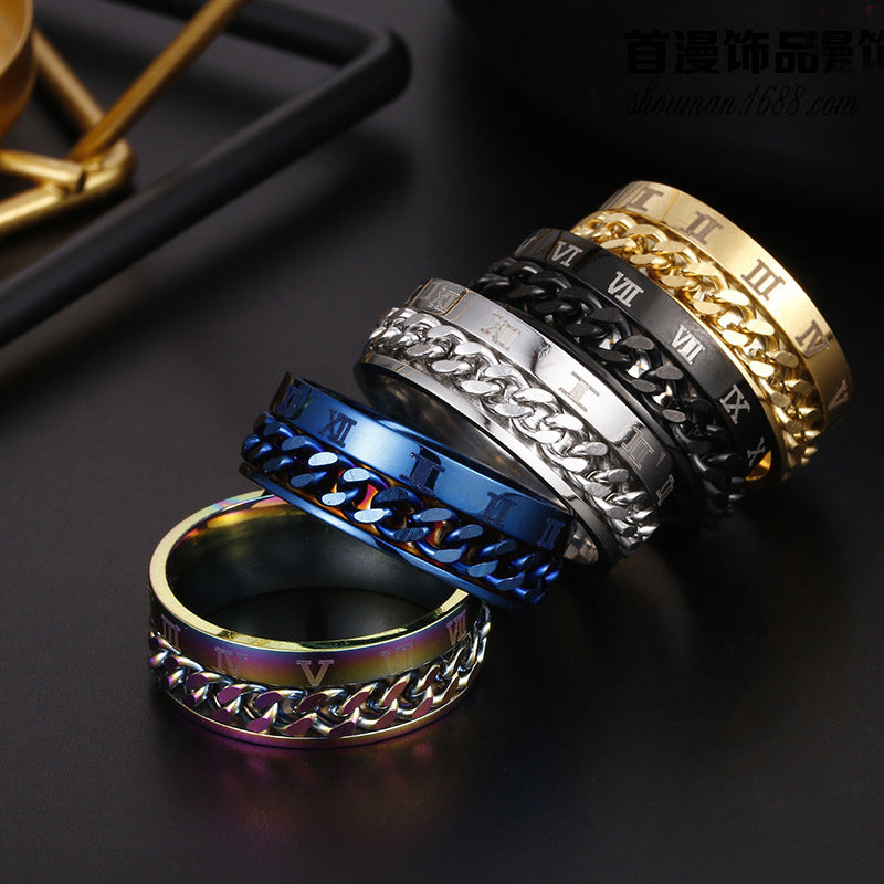 Roman Letter Rotatable Chain Rings Men Digital Titanium Steel Multifunctional Bottle Opener Ring Spinner