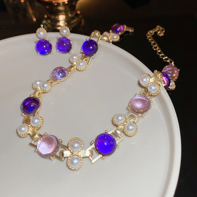 Silver Needle Pearl Round Studs Necklace Suit
