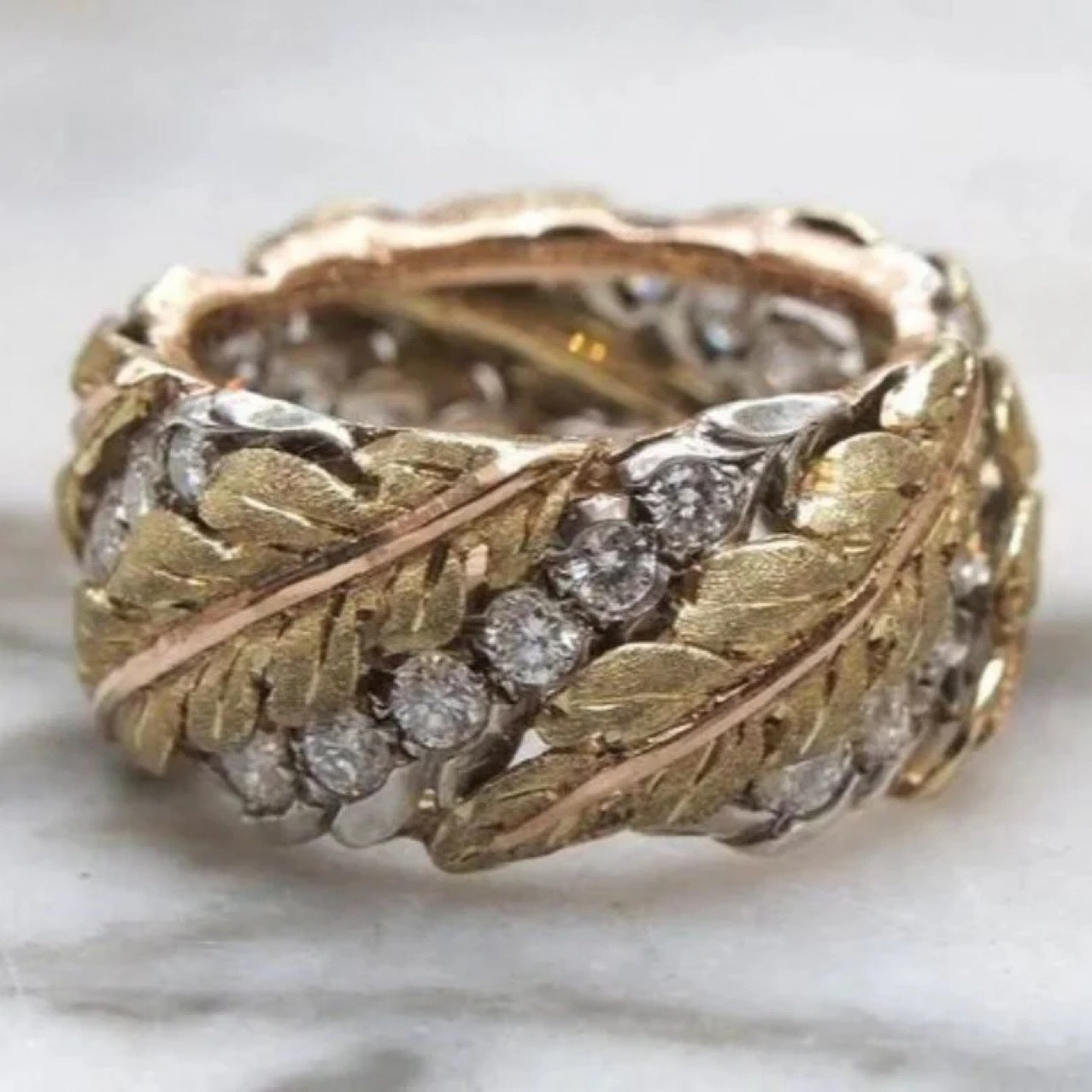 Antique Style Woven Pattern Carved Gold Heavy Industry Brushed Maple Leaf Ring