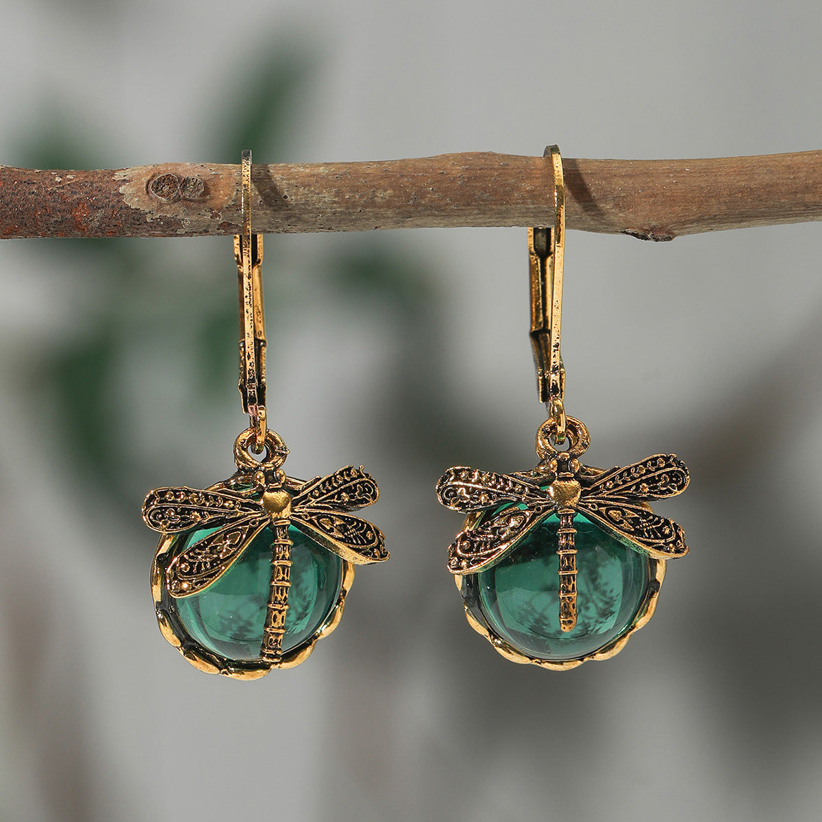 Creative Retro Dragonfly Green Crystal Pendant Earrings