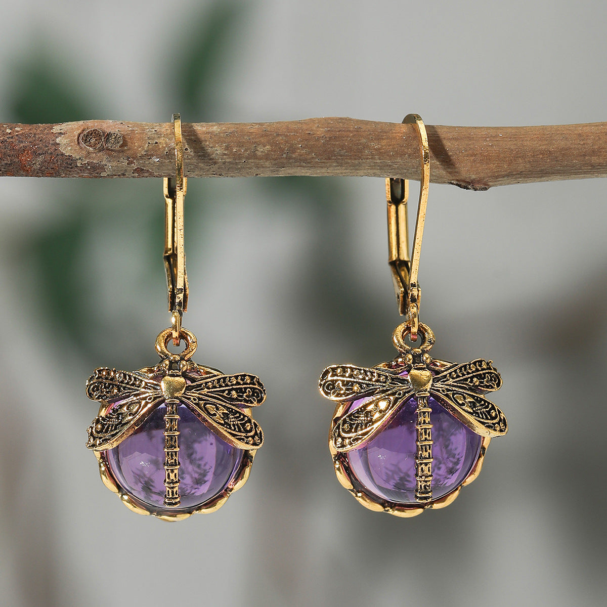 Creative Retro Dragonfly Green Crystal Pendant Earrings