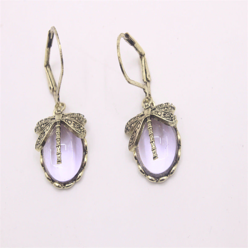 Creative Retro Dragonfly Green Crystal Pendant Earrings