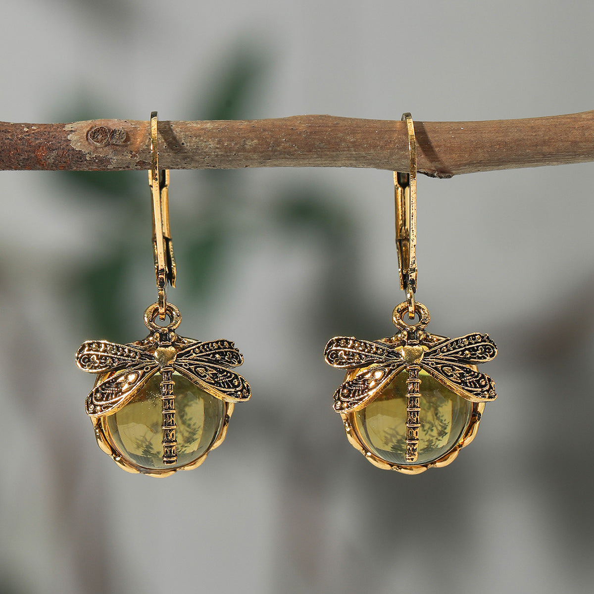 Creative Retro Dragonfly Green Crystal Pendant Earrings