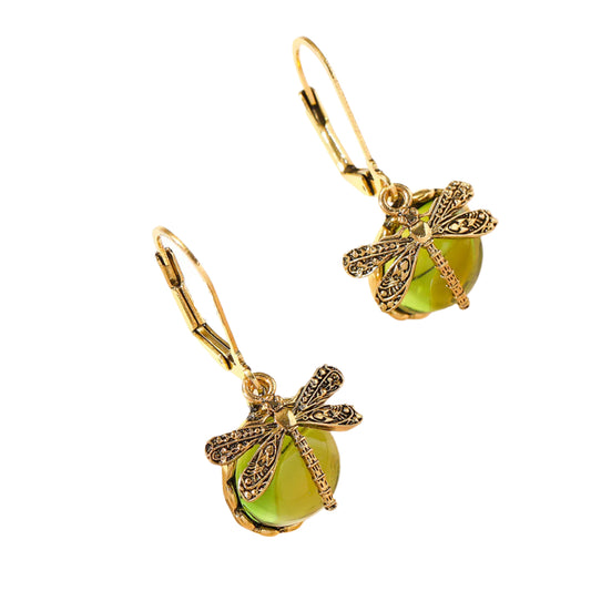 Creative Retro Dragonfly Green Crystal Pendant Earrings