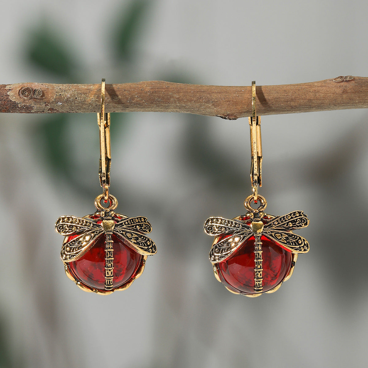 Creative Retro Dragonfly Green Crystal Pendant Earrings
