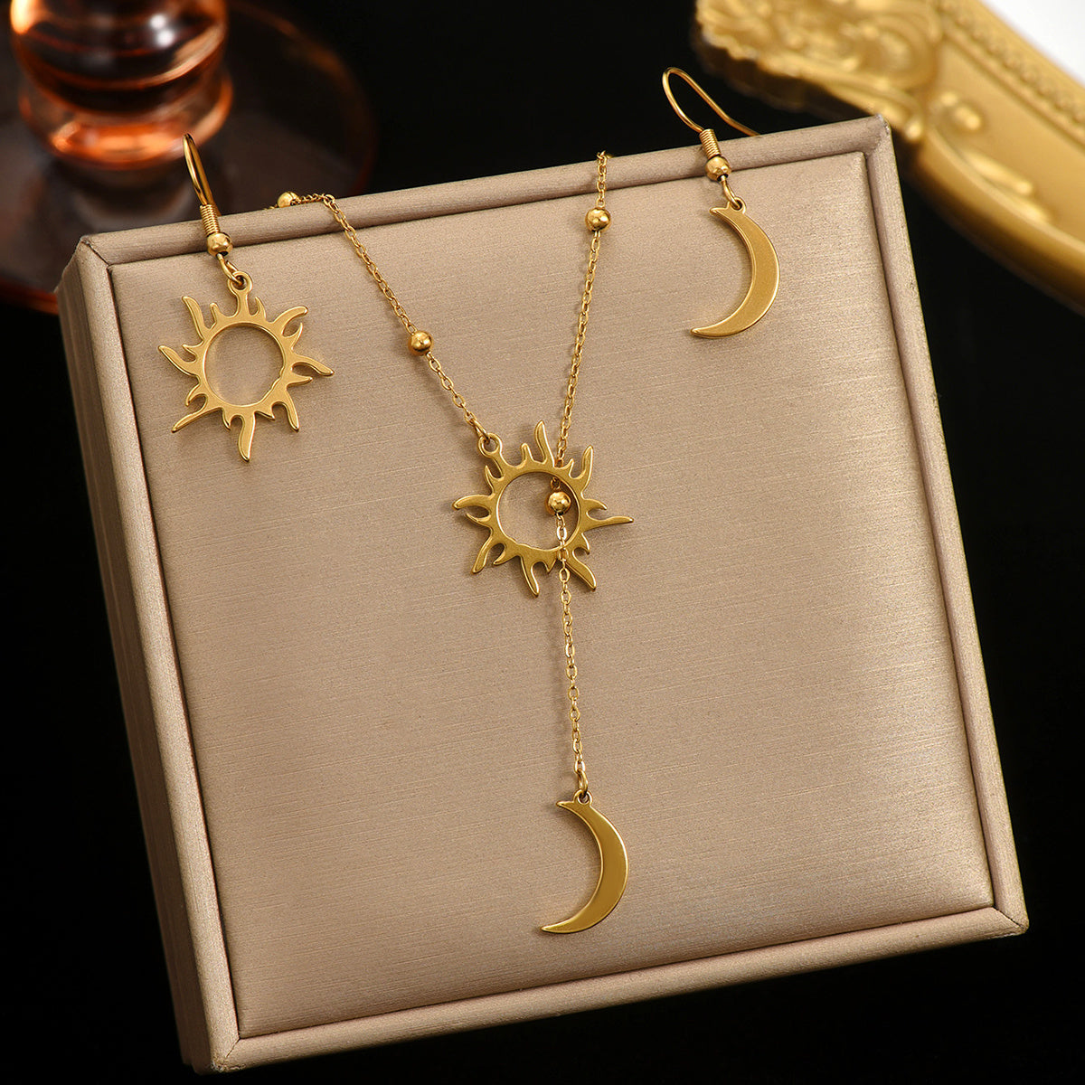 18K Gold Plated Sun  Moon Jewelry Set Hypoallergenic Necklace  Earrings