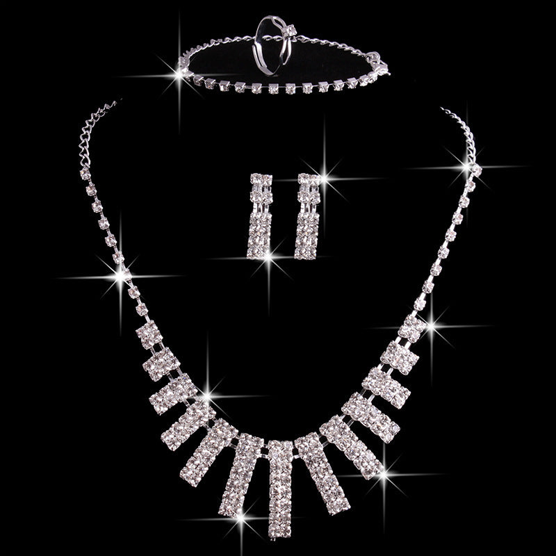 4-Piece Rhinestones Necklace, Earrings, and Ring Jewelry Set
