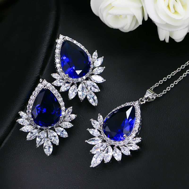 Luxurious Wedding Bridal Water Droplets Gemstones White Gold Plated Jewelry Set