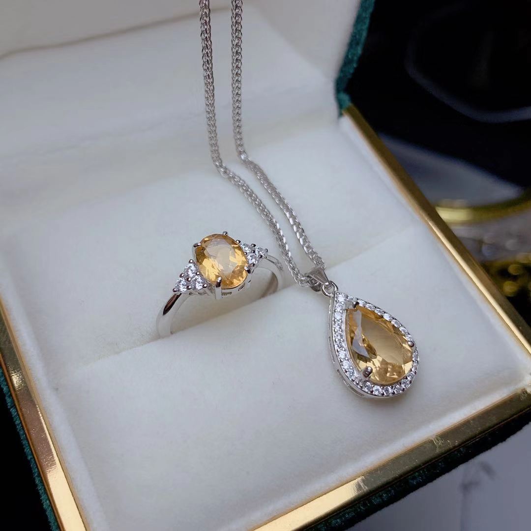 Natural Citrine Set 925 Silver Inlaid Rings Pendants Two-piece Set Wholesale Fashion Colored Gems Ornament