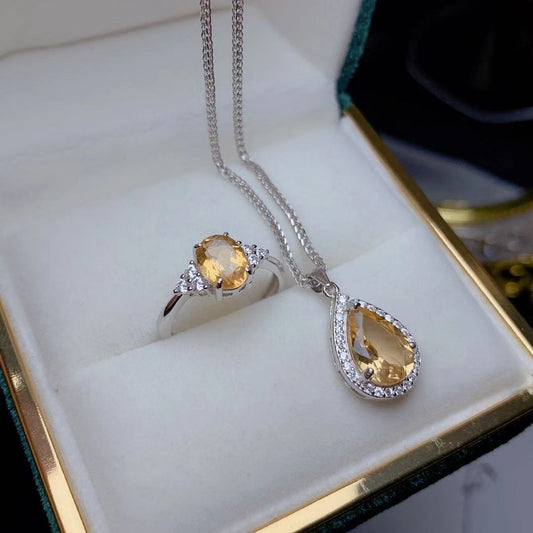 Natural Citrine Set 925 Silver Inlaid Rings Pendants Two-piece Set Wholesale Fashion Colored Gems Ornament