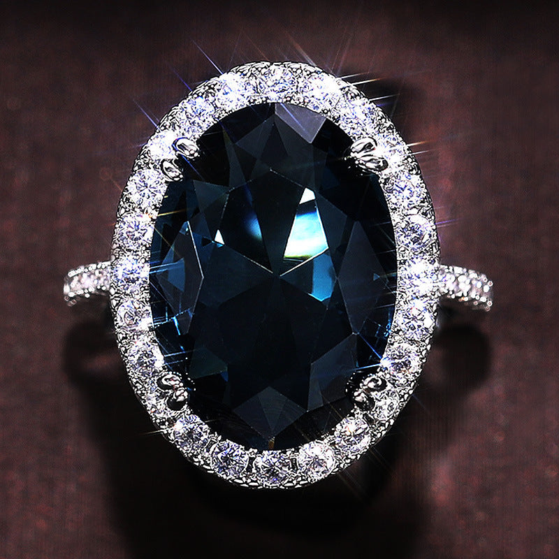 Elegant Ladies Egg Shape Peacock Blue Zircon Ring