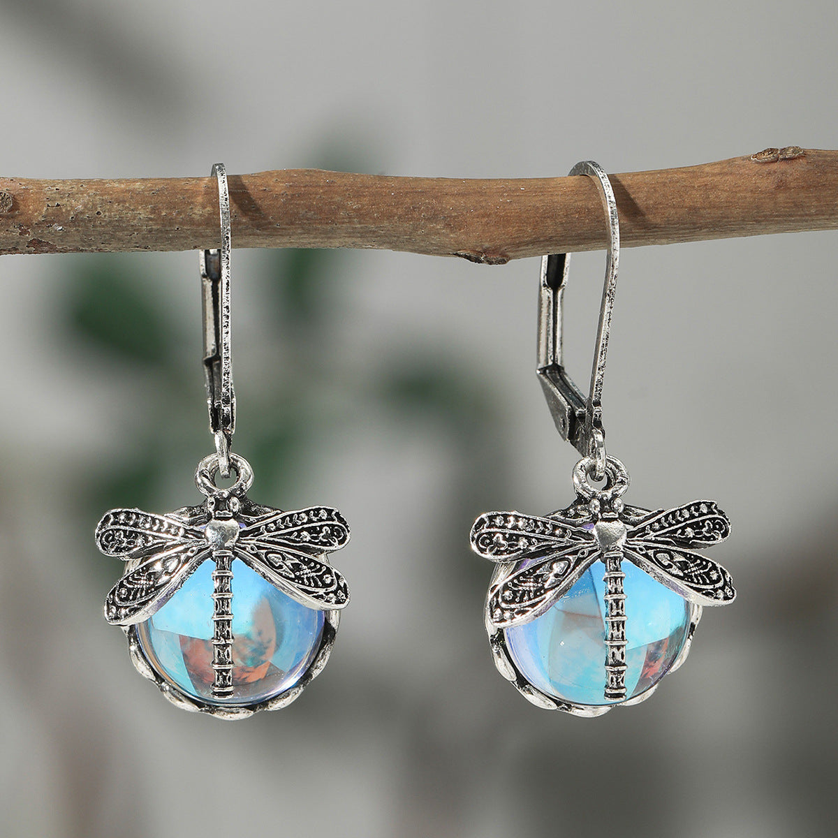 Creative Retro Dragonfly Green Crystal Pendant Earrings