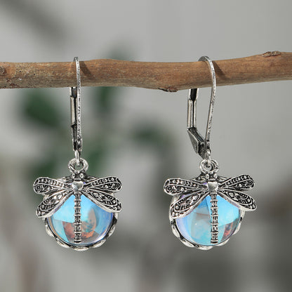 Creative Retro Dragonfly Green Crystal Pendant Earrings