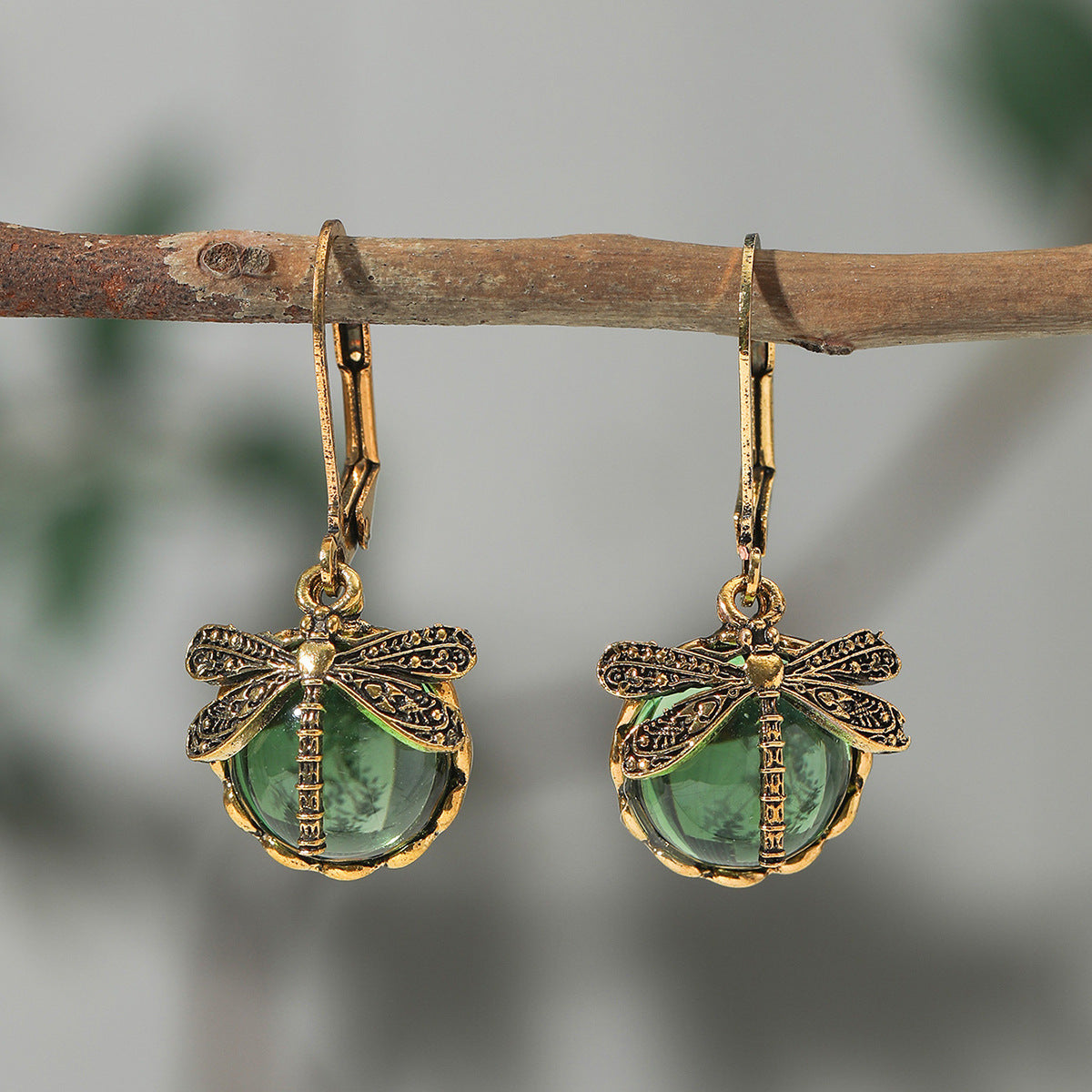 Creative Retro Dragonfly Green Crystal Pendant Earrings