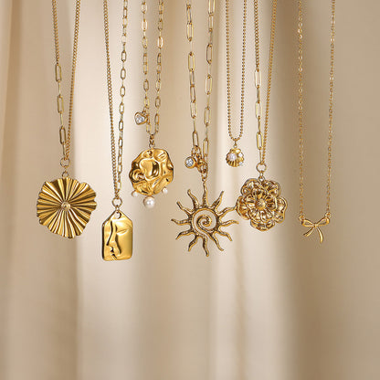 European And American New Birthday Stone SUNFLOWER Pendant Necklace Imitation Pearl Shell Reel Chain Gold Stainless Steel Clavicle Chain