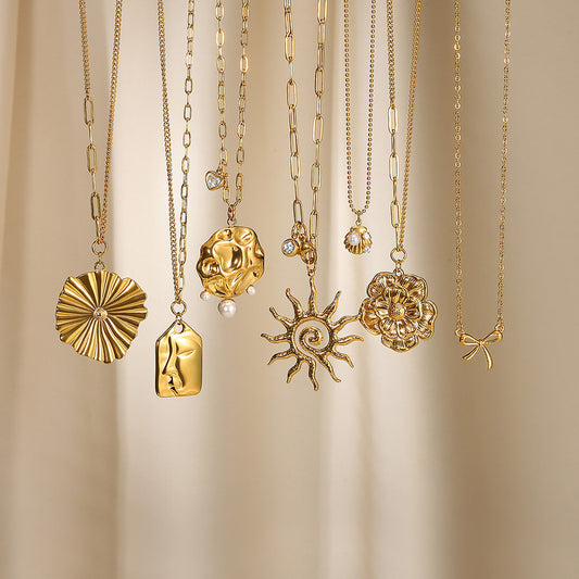 European And American New Birthday Stone SUNFLOWER Pendant Necklace Imitation Pearl Shell Reel Chain Gold Stainless Steel Clavicle Chain