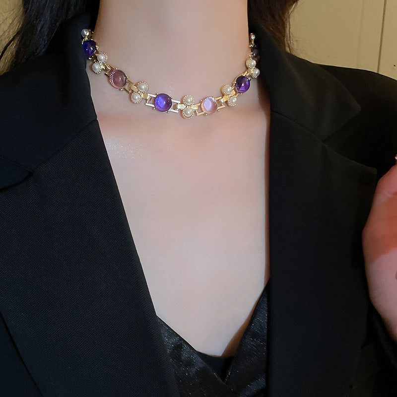 Silver Needle Pearl Round Studs Necklace Suit