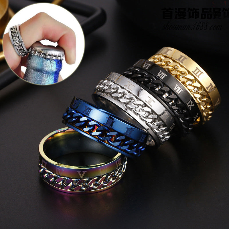 Roman Letter Rotatable Chain Rings Men Digital Titanium Steel  Multifunctional Bottle Opener Ring Spinner