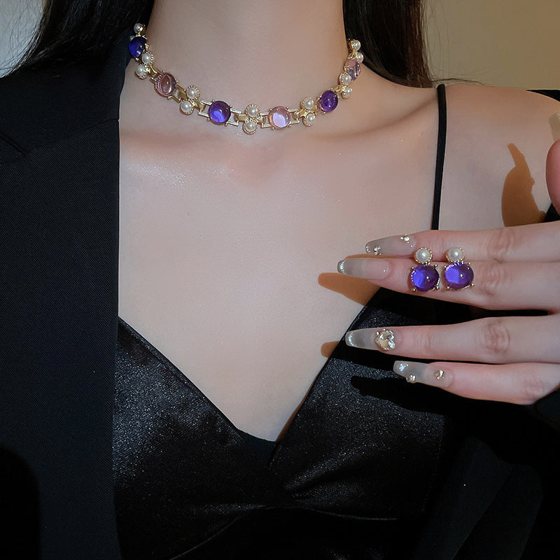 Silver Needle Pearl Round Studs Necklace Suit