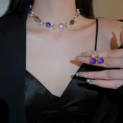 Silver Needle Pearl Round Studs Necklace Suit