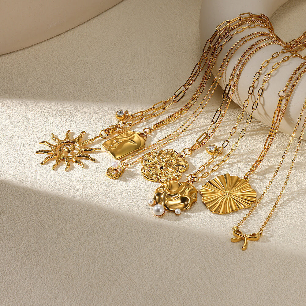 European And American New Birthday Stone SUNFLOWER Pendant Necklace Imitation Pearl Shell Reel Chain Gold Stainless Steel Clavicle Chain