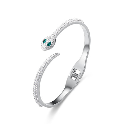 Green Eyed Snake Stainless Steel Micro-Set Diamond Bracelet