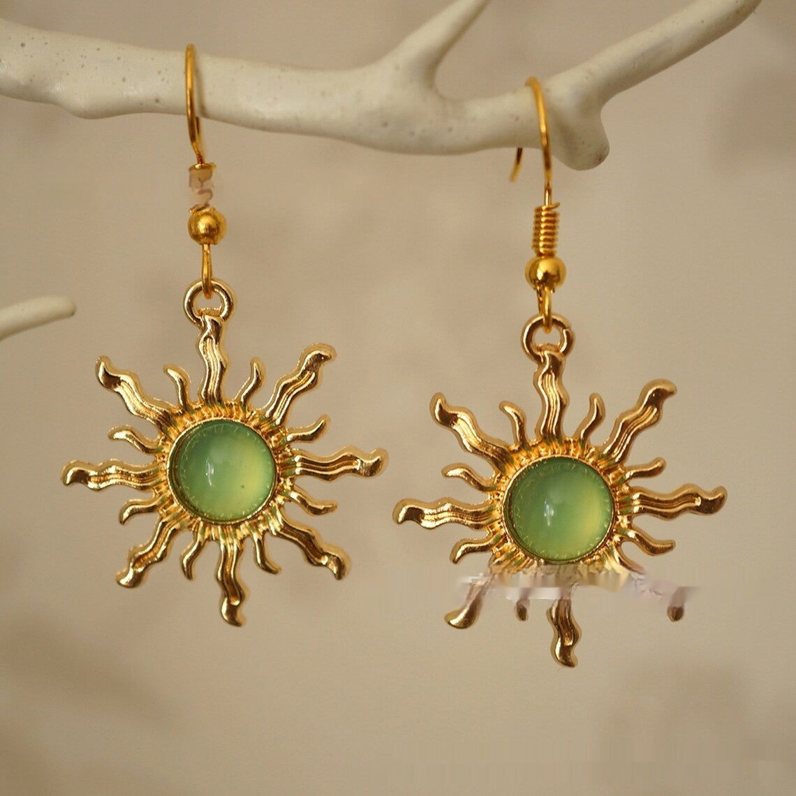Cold Gold And Light Green Acrylic Sun Earrings