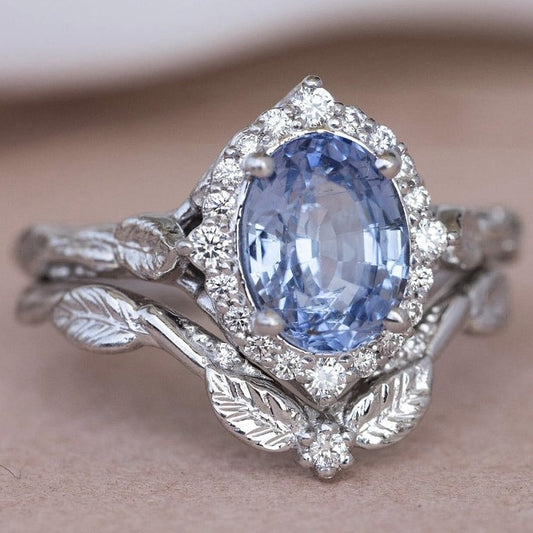 Vintage Court Style Women's Couple Rings Fashion Leaf Inlaid Sapphire Ring