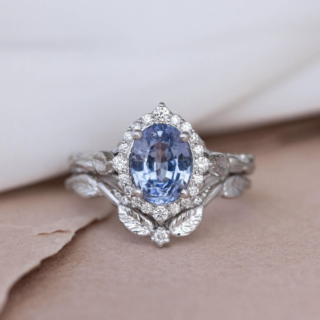 Vintage Court Style Women's Couple Rings Fashion Leaf Inlaid Sapphire Ring