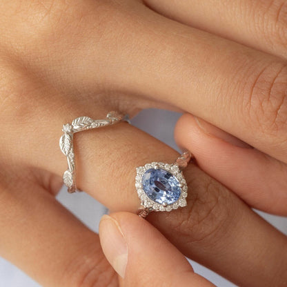 Vintage Court Style Women's Couple Rings Fashion Leaf Inlaid Sapphire Ring