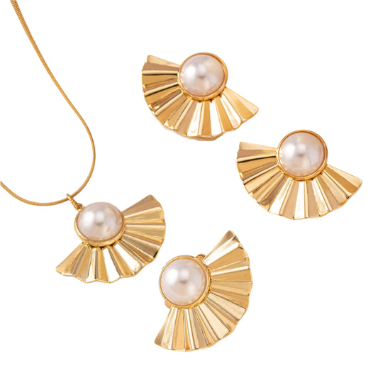 Folding Fan Design Artificial Pearl Grace Chinese Fashion Necklace Ring Earrings Match Sets Suit