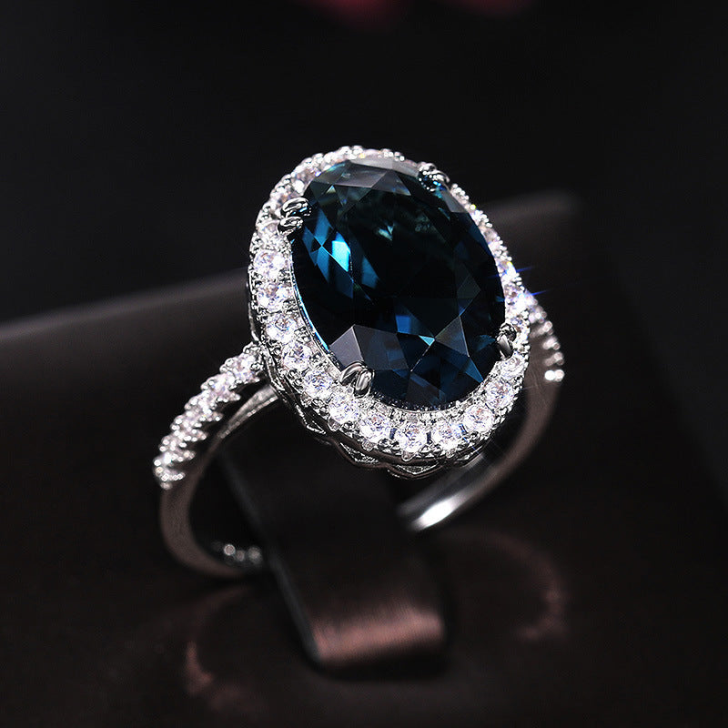 Elegant Ladies Egg Shape Peacock Blue Zircon Ring