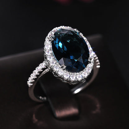 Elegant Ladies Egg Shape Peacock Blue Zircon Ring