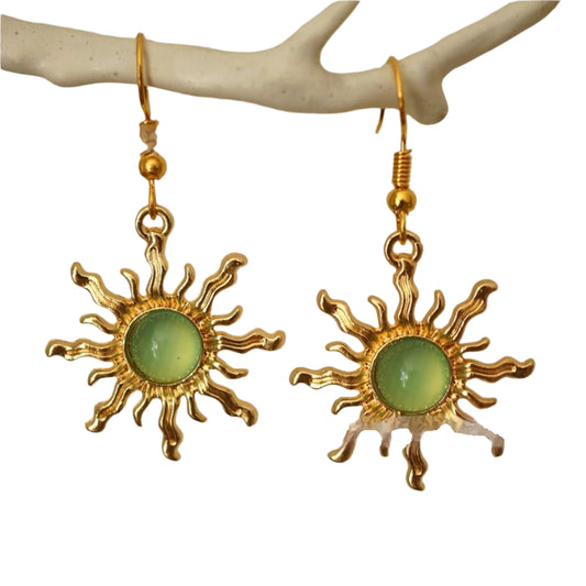 Cold Gold And Light Green Acrylic Sun Earrings