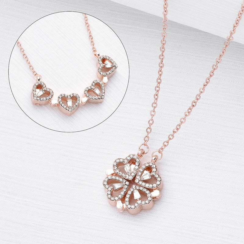 Magnetic Folding Heart Shaped Four Leaf Clover Pendant Love