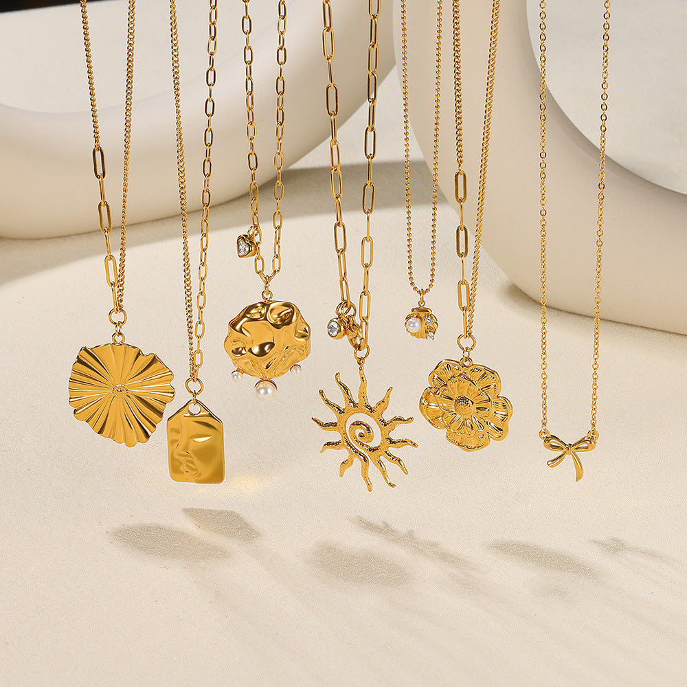 European And American New Birthday Stone SUNFLOWER Pendant Necklace Imitation Pearl Shell Reel Chain Gold Stainless Steel Clavicle Chain