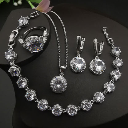 Bridal Fashion Style Green Emerald Jewelry Round Diamond 4 PCs Set