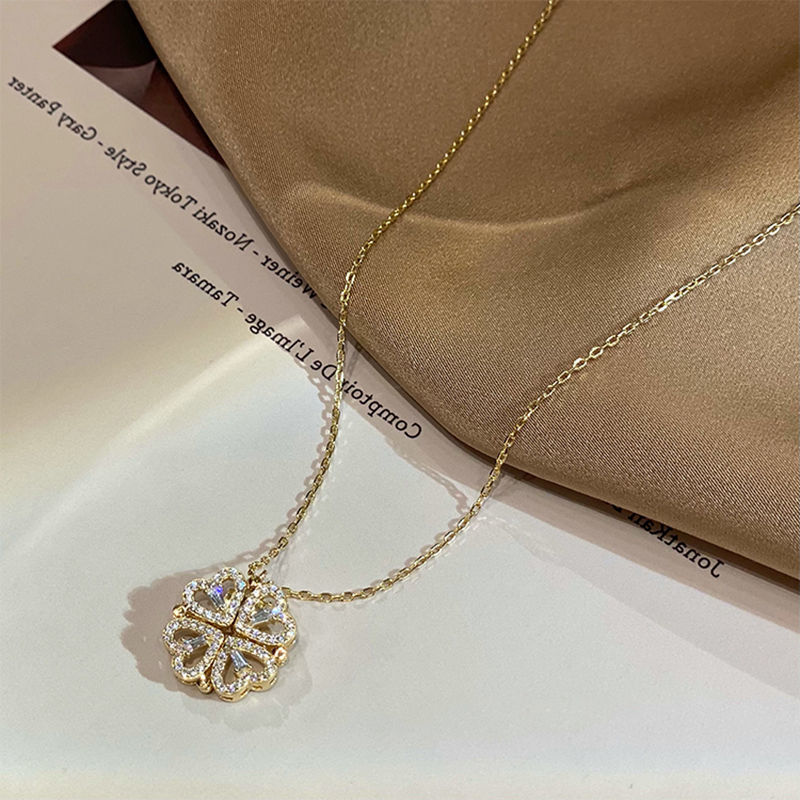 Magnetic Folding Heart Shaped Four Leaf Clover Pendant Love