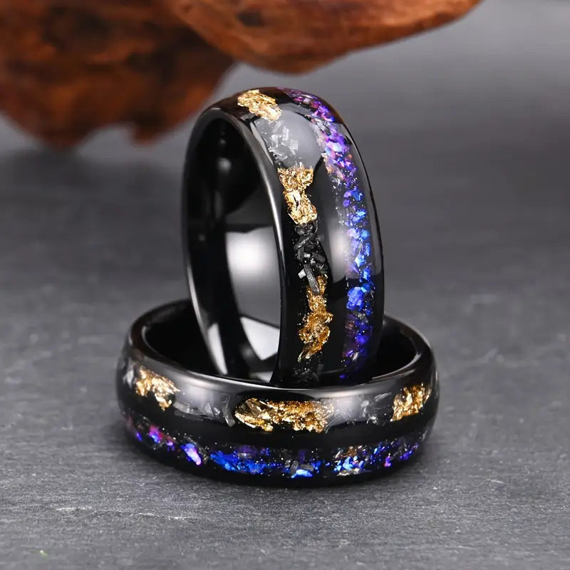 New Double Slot 8mm Black Starry Gold Foil Luxury Romantic Sugilite Ring