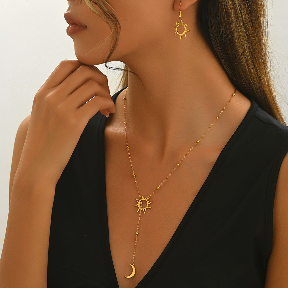 18K Gold Plated Sun  Moon Jewelry Set Hypoallergenic Necklace  Earrings