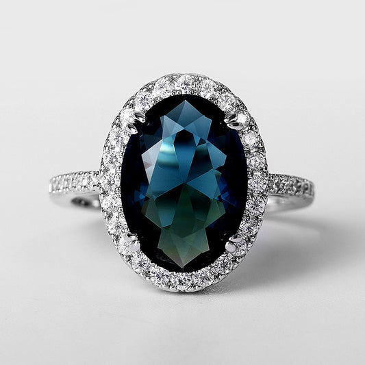 Elegant Ladies Egg Shape Peacock Blue Zircon Ring