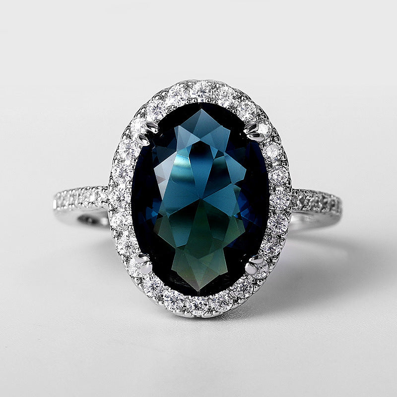 Elegant Ladies Egg Shape Peacock Blue Zircon Ring