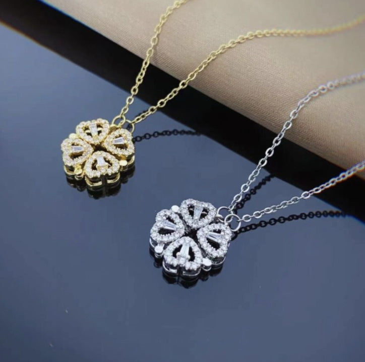 Magnetic Folding Heart Shaped Four Leaf Clover Pendant Love