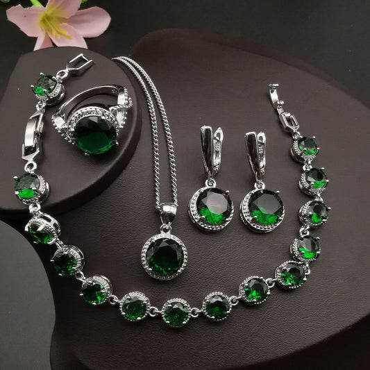 Bridal Fashion Style Green Emerald Jewelry Round Diamond 4 PCs Set