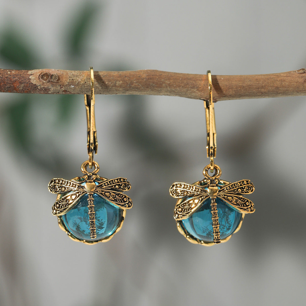 Creative Retro Dragonfly Green Crystal Pendant Earrings