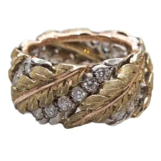 Antique Style Woven Pattern Carved Gold Heavy Industry Brushed Maple Leaf Ring