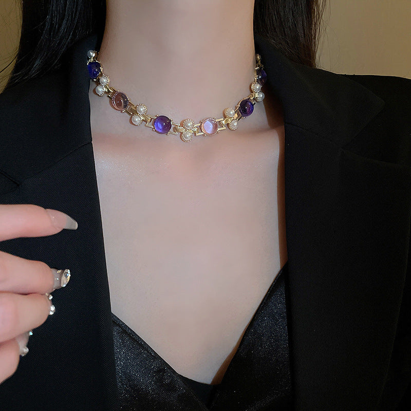 Silver Needle Pearl Round Studs Necklace Suit