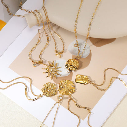 European And American New Birthday Stone SUNFLOWER Pendant Necklace Imitation Pearl Shell Reel Chain Gold Stainless Steel Clavicle Chain
