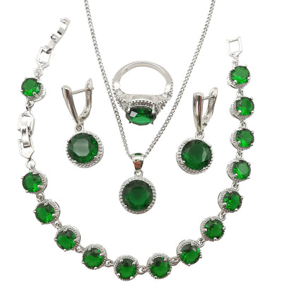 Bridal Fashion Style Green Emerald Jewelry Round Diamond 4 PCs Set